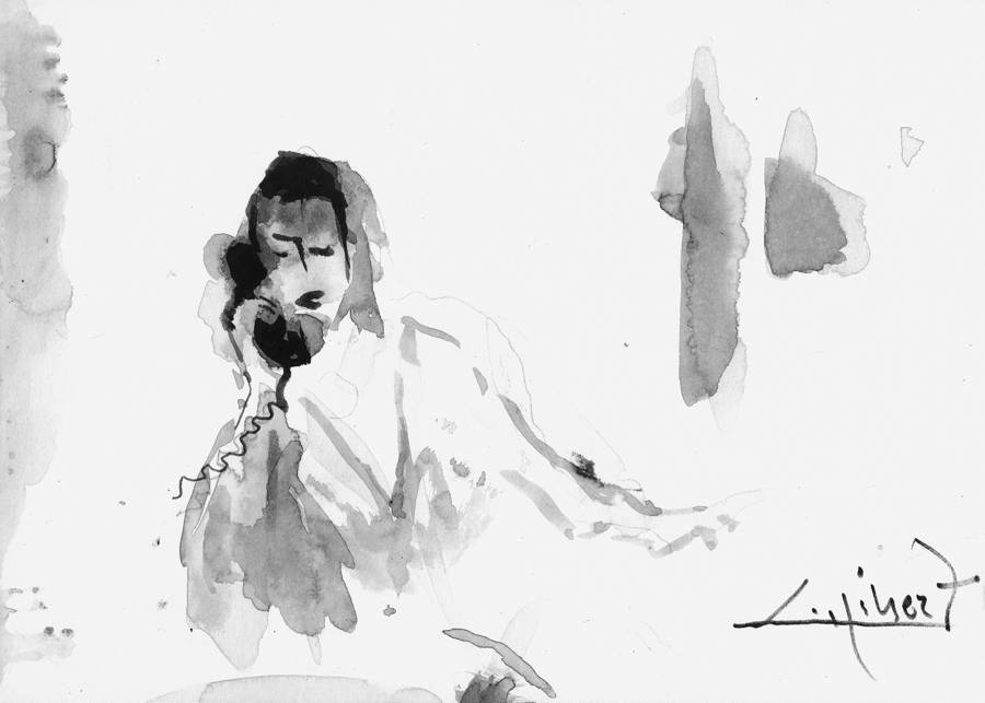 La Yukata, ink wash painting of a seated figure