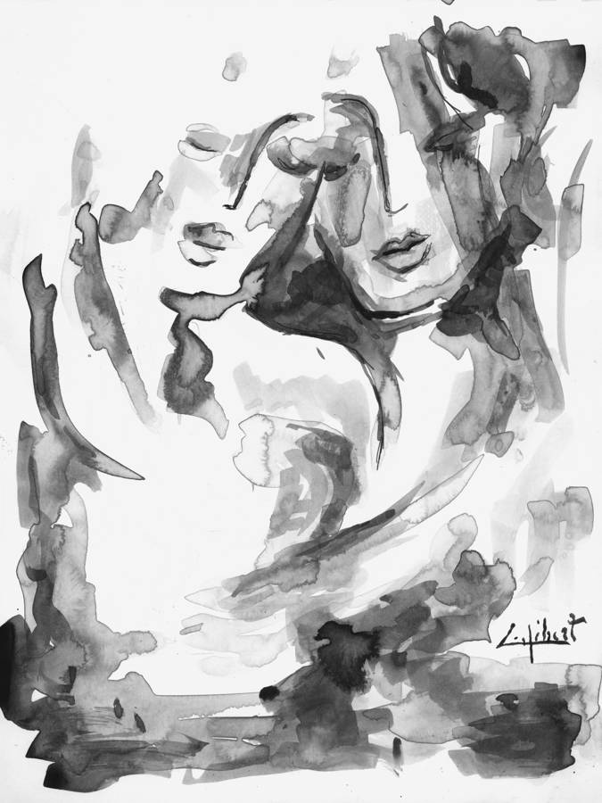 Les retrouvailles, ink wash painting of two faces close together